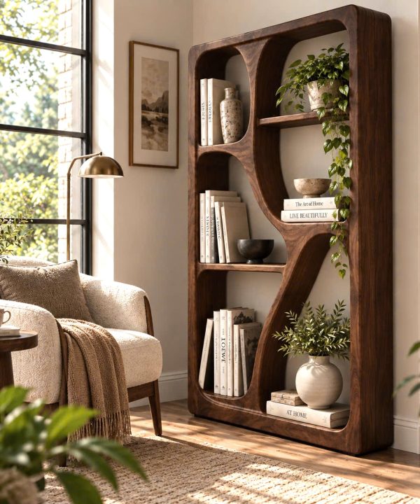 BS25 Modern Sculptural Wood Bookshelf with Organic Curves and Flowing Shelves for Artistic Home Library or Stylish Living Room Accent