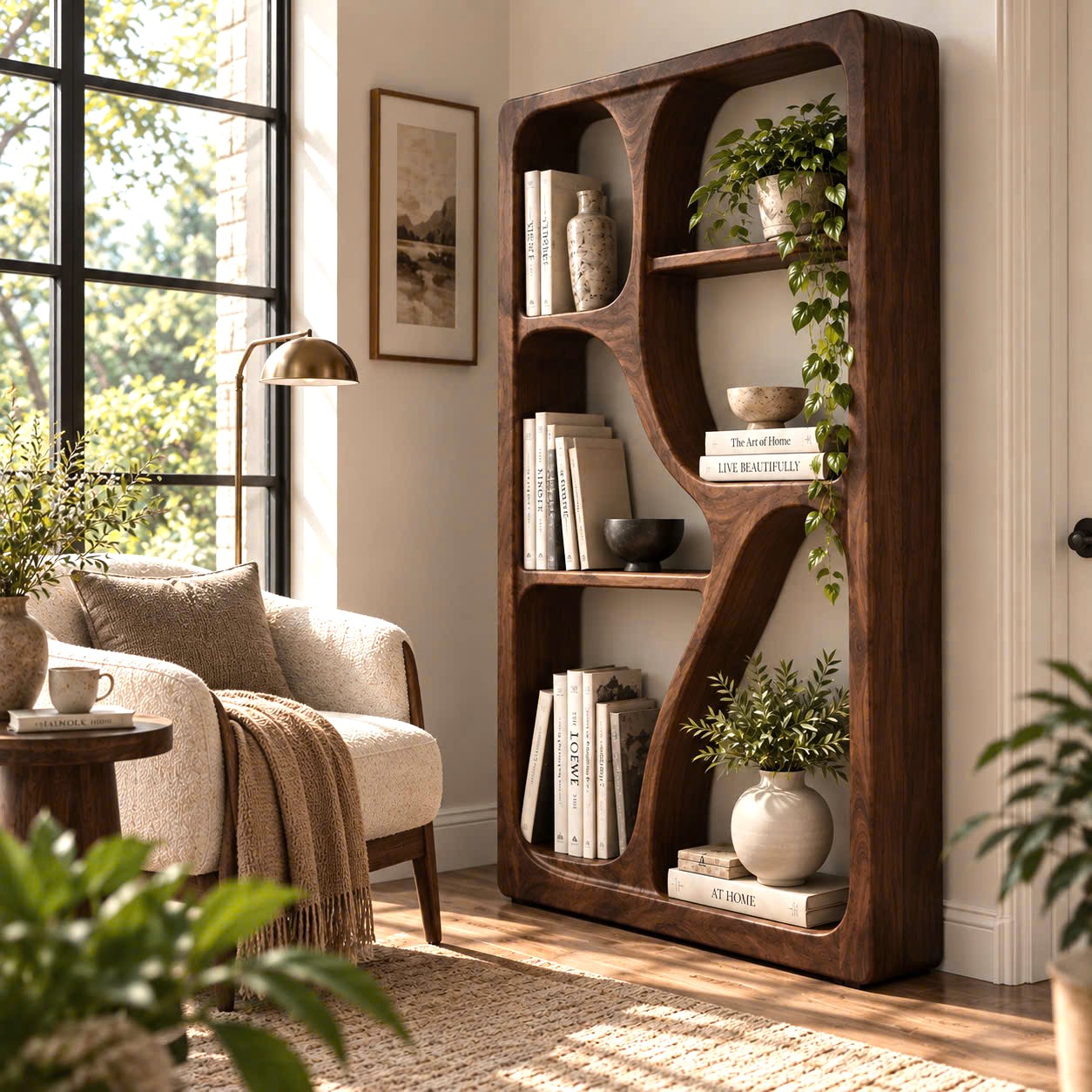 BS25 Modern Sculptural Wood Bookshelf with Organic Curves and Flowing Shelves for Artistic Home Library or Stylish Living Room Accent