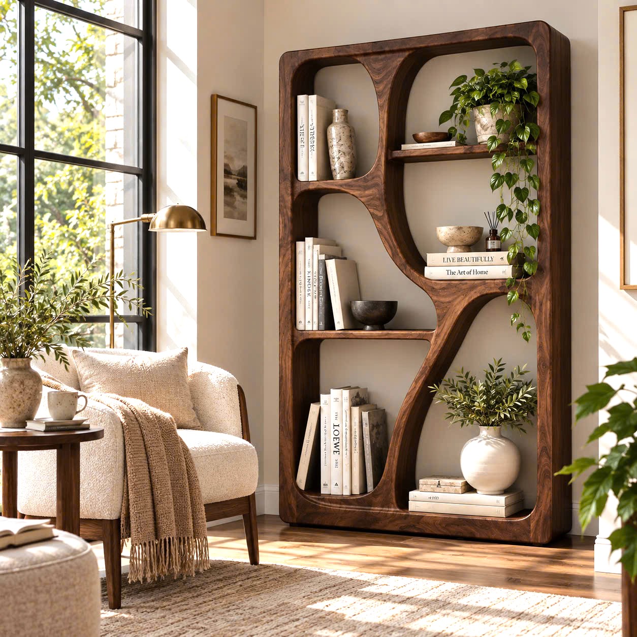 BS25 Modern Sculptural Wood Bookshelf with Organic Curves and Flowing Shelves for Artistic Home Library or Stylish Living Room Accent - Image 9