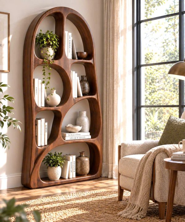 BS27 Modern Sculptural Wood Bookshelf with Organic Curves and Flowing Shelves for Artistic Home Library or Stylish Living Room Accent