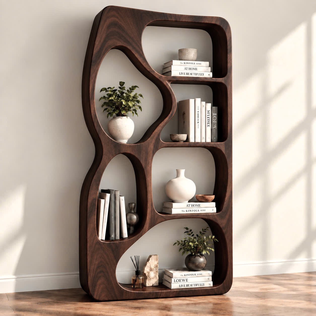 BS28 Modern Sculptural Wood Bookshelf with Organic Curves and Flowing Shelves for Artistic Home Library or Stylish Living Room Accent - Image 3