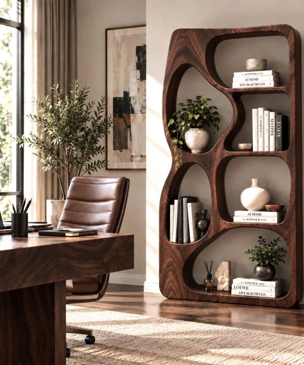 BS28 Modern Sculptural Wood Bookshelf with Organic Curves and Flowing Shelves for Artistic Home Library or Stylish Living Room Accent