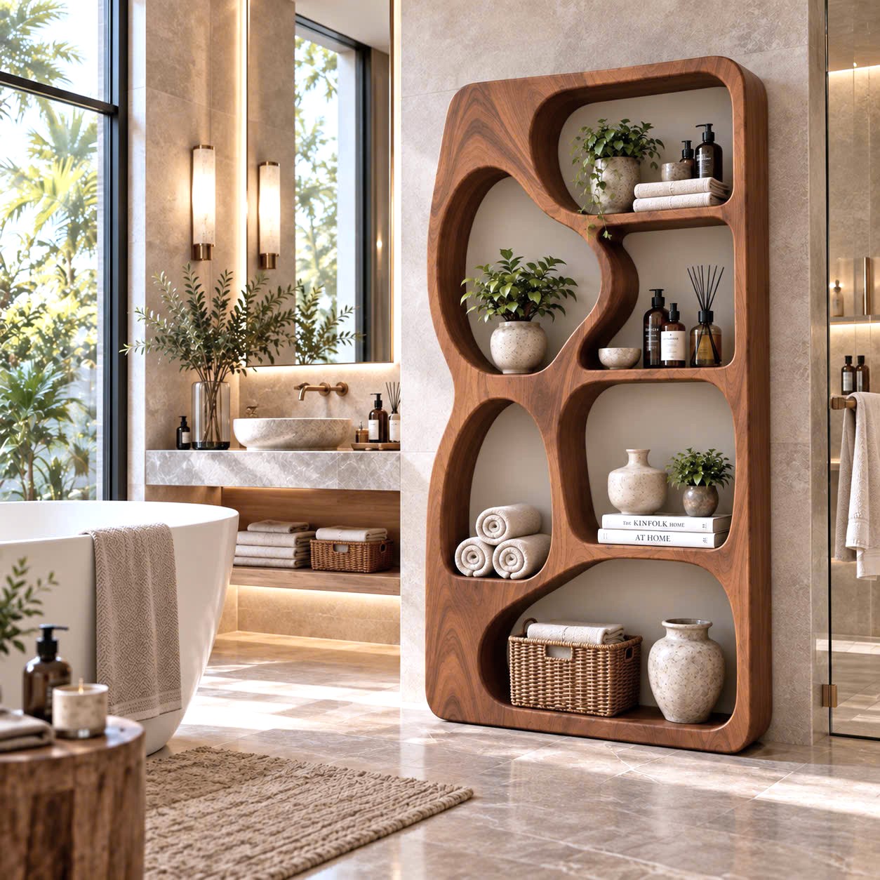BS28 Modern Sculptural Wood Bookshelf with Organic Curves and Flowing Shelves for Artistic Home Library or Stylish Living Room Accent - Image 5