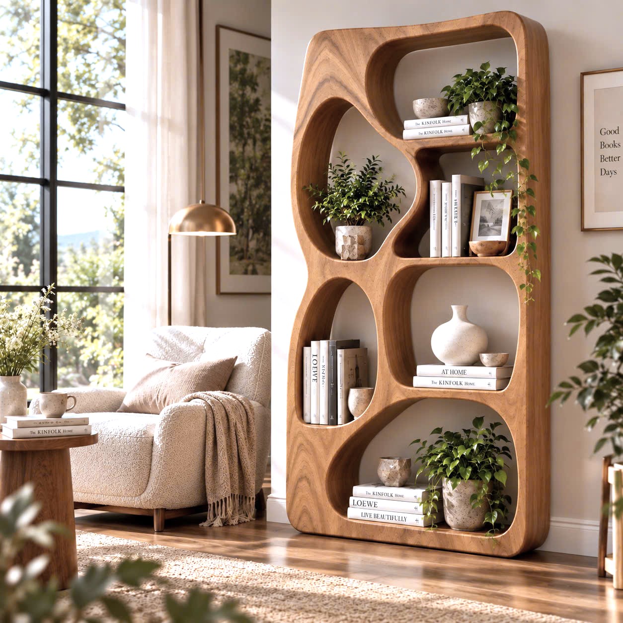 BS28 Modern Sculptural Wood Bookshelf with Organic Curves and Flowing Shelves for Artistic Home Library or Stylish Living Room Accent - Image 6