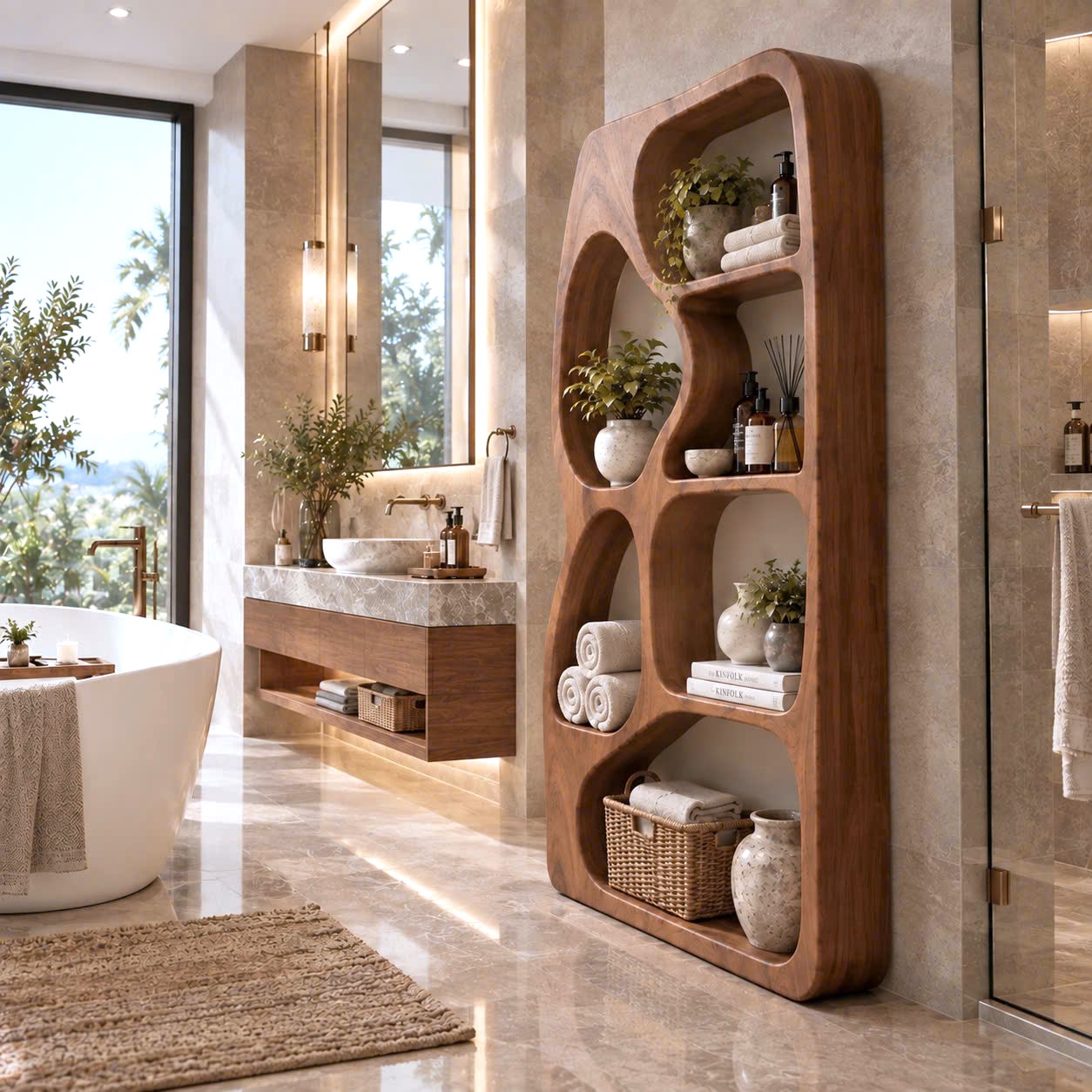 BS28 Modern Sculptural Wood Bookshelf with Organic Curves and Flowing Shelves for Artistic Home Library or Stylish Living Room Accent - Image 7