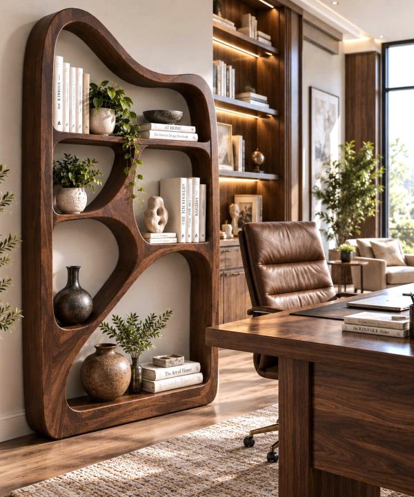 BS30 Modern Sculptural Wood Bookshelf with Organic Curves and Flowing Shelves for Artistic Home Library or Stylish Living Room Accent