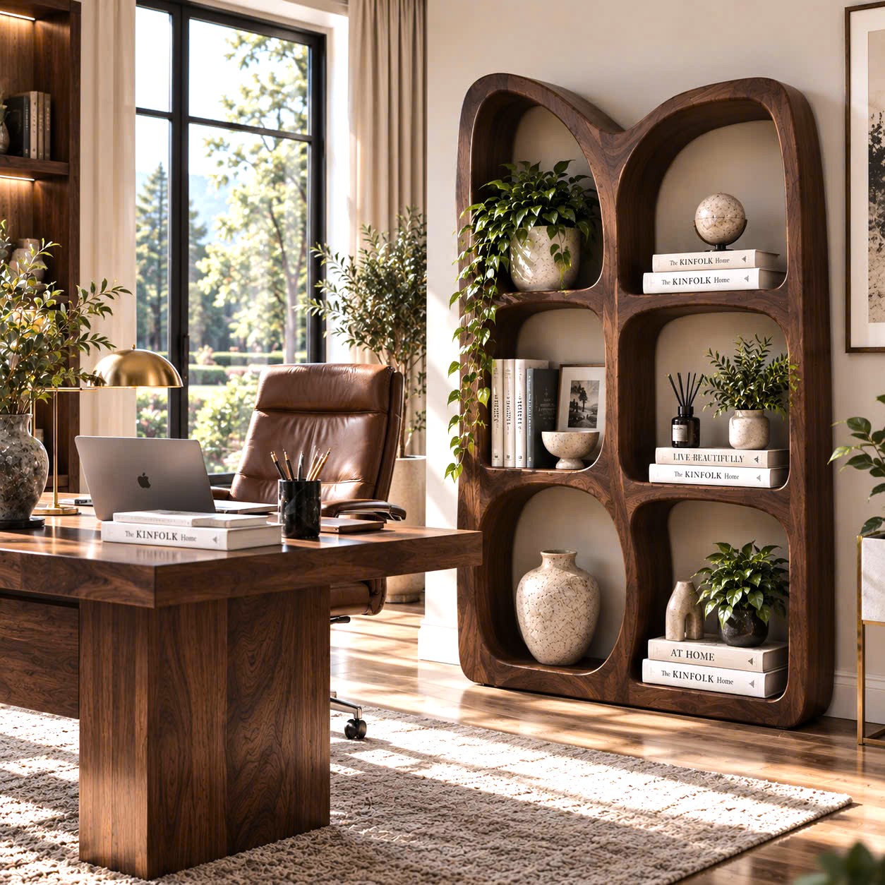 BS 31 Modern Sculptural Wood Bookshelf with Organic Curves and Flowing Shelves for Artistic Home Library or Stylish Living Room Accent