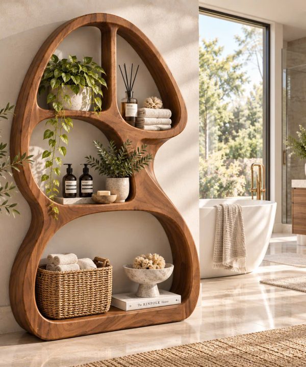 BS 33 Modern Sculptural Wood Bookshelf with Organic Curves and Flowing Shelves for Artistic Home Library or Stylish Living Room Accent