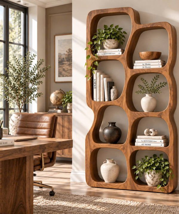 BS 32 Modern Sculptural Wood Bookshelf with Organic Curves and Flowing Shelves for Artistic Home Library or Stylish Living Room Accent