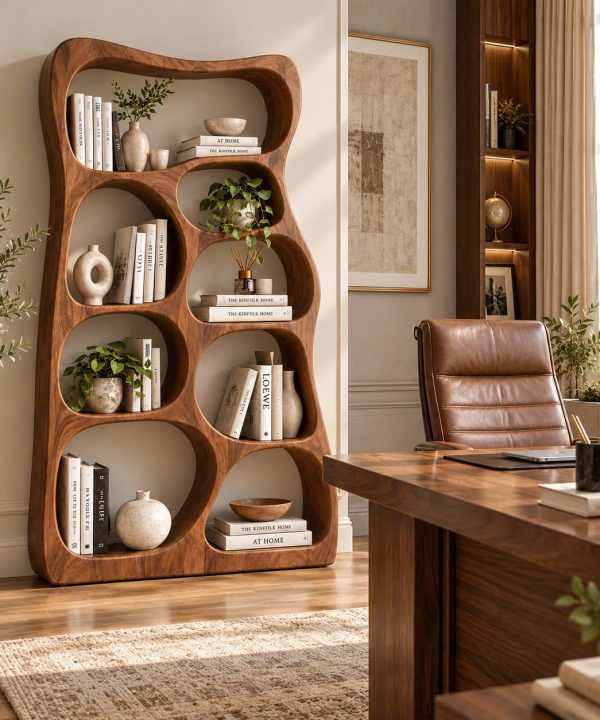 BS 34 Modern Sculptural Wood Bookshelf with Organic Curves and Flowing Shelves for Artistic Home Library or Stylish Living Room Accent