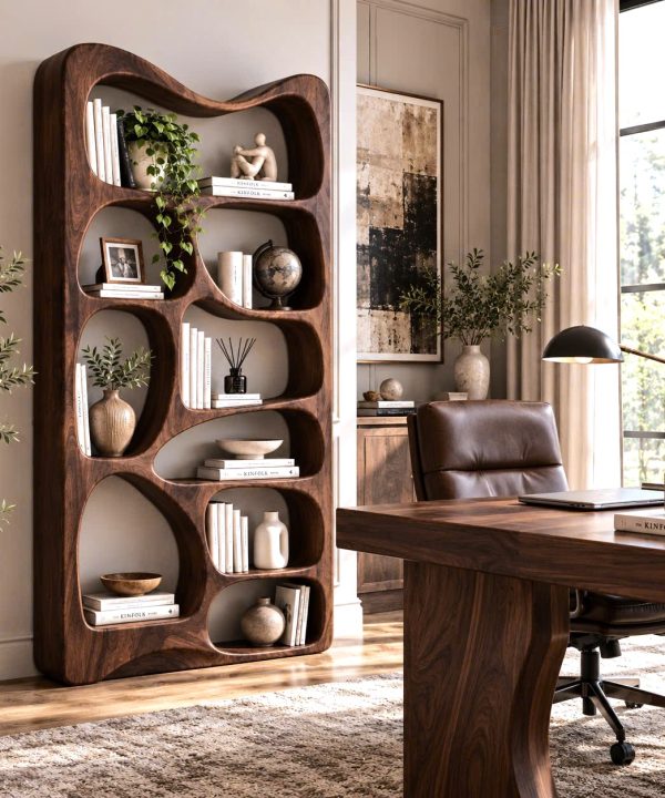 BS 35 Modern Sculptural Wood Bookshelf with Organic Curves and Flowing Shelves for Artistic Home Library or Stylish Living Room Accent