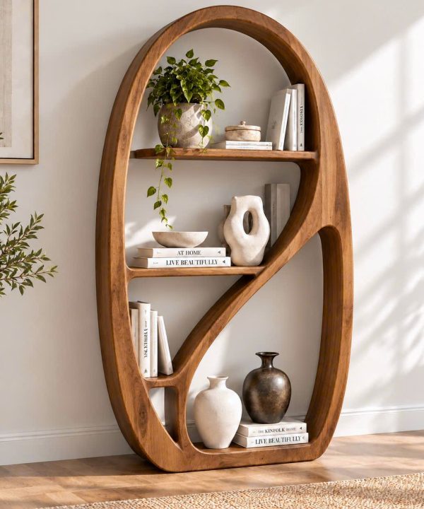 BS 36 Modern Sculptural Wood Bookshelf with Organic Curves and Flowing Shelves for Artistic Home Library or Stylish Living Room Accent