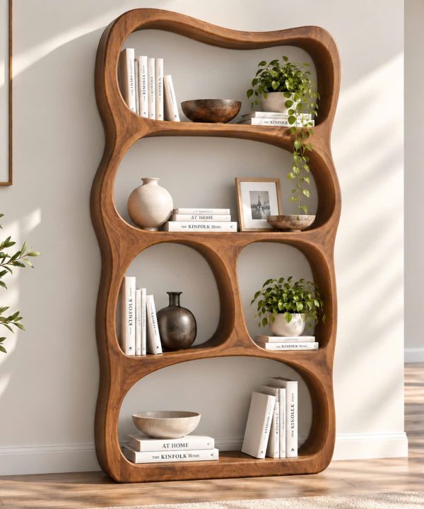 BS 37 Modern Sculptural Wood Bookshelf with Organic Curves and Flowing Shelves for Artistic Home Library or Stylish Living Room Accent