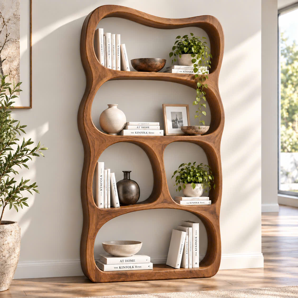 BS 37 Modern Sculptural Wood Bookshelf with Organic Curves and Flowing Shelves for Artistic Home Library or Stylish Living Room Accent