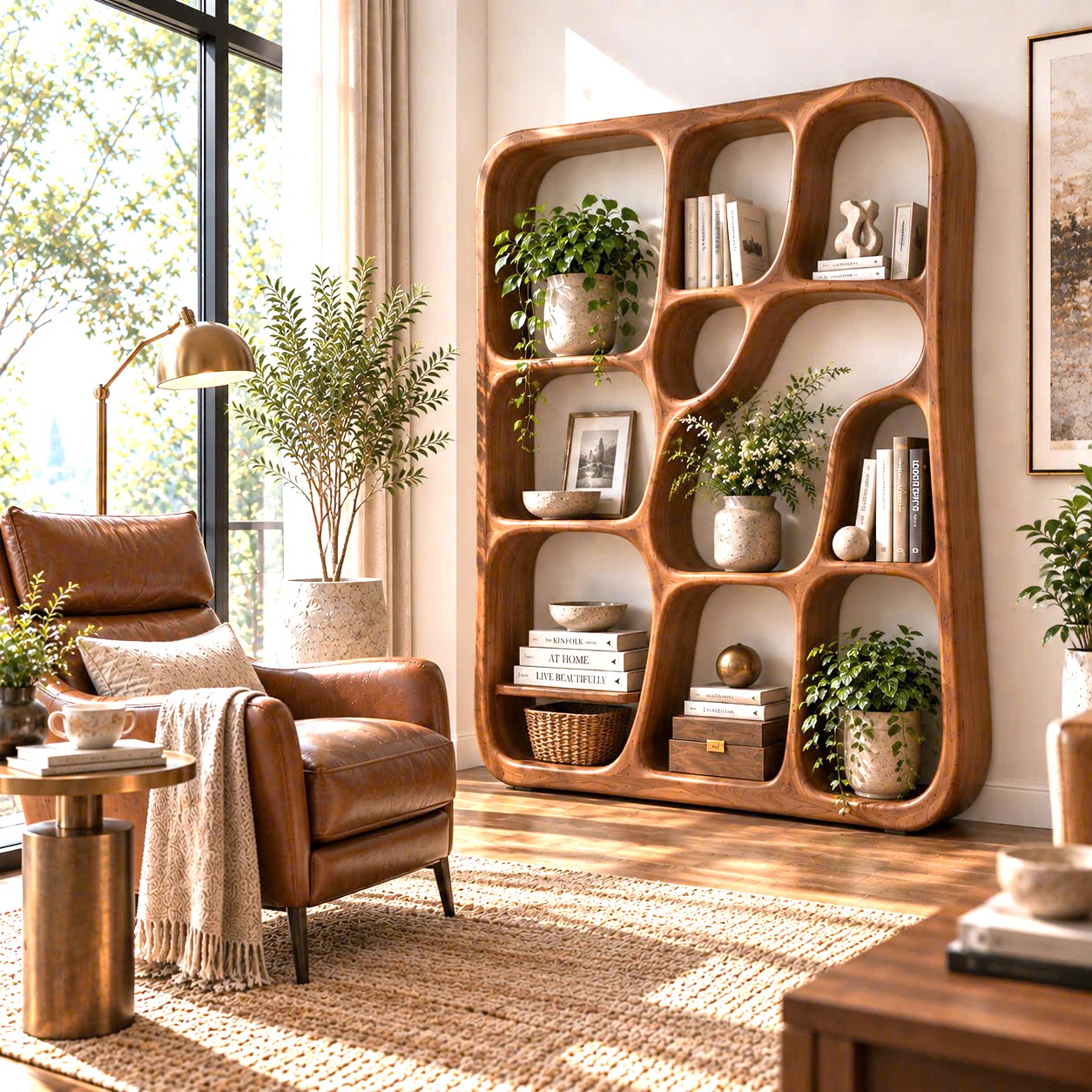 BS 43 Modern Sculptural Wood Bookshelf with Organic Curves and Flowing Shelves for Artistic Home Library or Stylish Living Room Accent