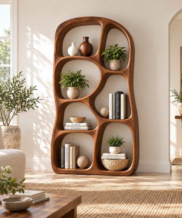 BS 42 Modern Sculptural Wood Bookshelf with Organic Curves and Flowing Shelves for Artistic Home Library or Stylish Living Room Accent