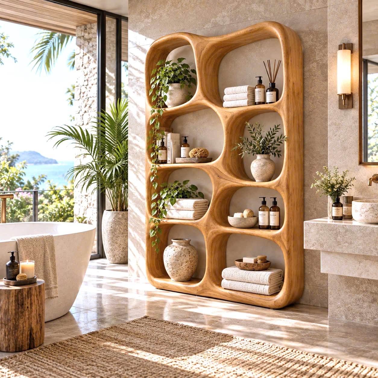 BS 39 Modern Sculptural Wood Bookshelf with Organic Curves and Flowing Shelves for Artistic Home Library or Stylish Living Room Accent - Image 2