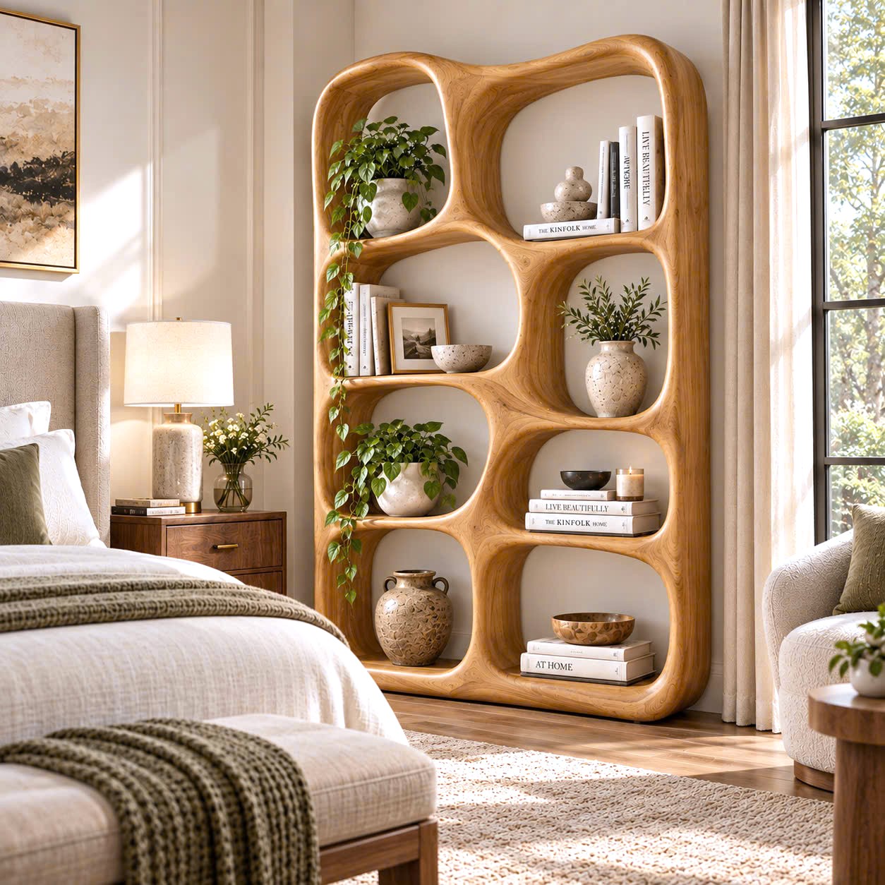 BS 39 Modern Sculptural Wood Bookshelf with Organic Curves and Flowing Shelves for Artistic Home Library or Stylish Living Room Accent - Image 4