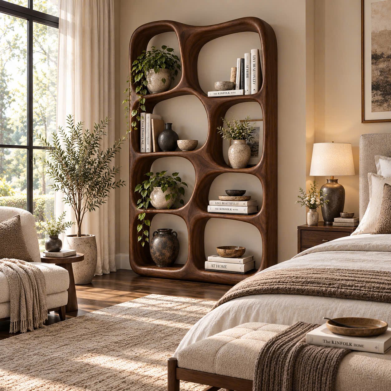 BS 39 Modern Sculptural Wood Bookshelf with Organic Curves and Flowing Shelves for Artistic Home Library or Stylish Living Room Accent - Image 5