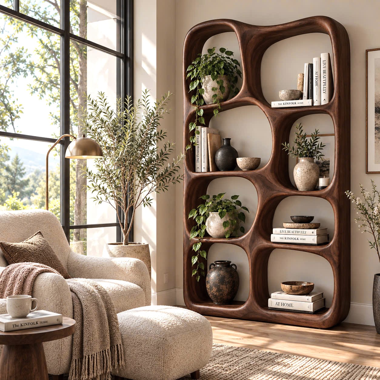 BS 39 Modern Sculptural Wood Bookshelf with Organic Curves and Flowing Shelves for Artistic Home Library or Stylish Living Room Accent - Image 7