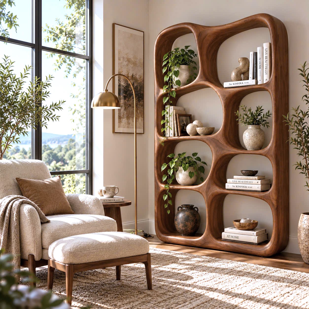BS 39 Modern Sculptural Wood Bookshelf with Organic Curves and Flowing Shelves for Artistic Home Library or Stylish Living Room Accent - Image 8