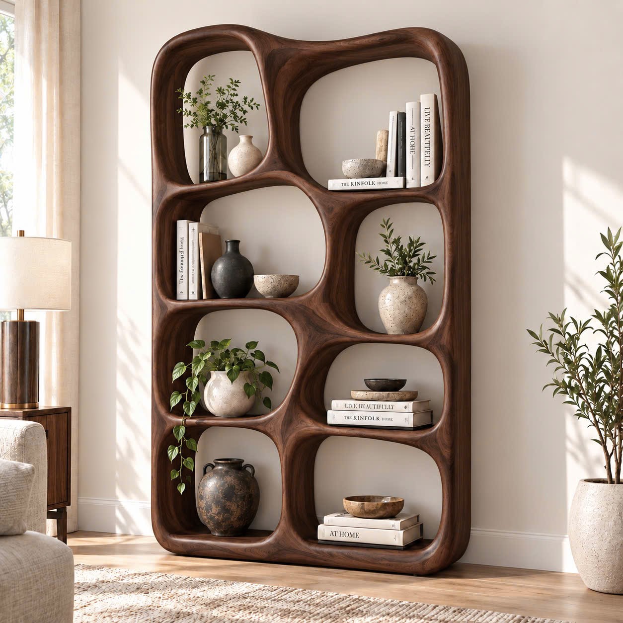 BS 39 Modern Sculptural Wood Bookshelf with Organic Curves and Flowing Shelves for Artistic Home Library or Stylish Living Room Accent - Image 9