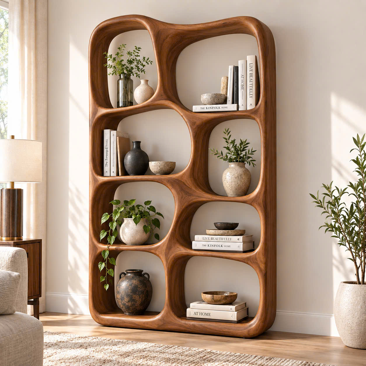 BS 39 Modern Sculptural Wood Bookshelf with Organic Curves and Flowing Shelves for Artistic Home Library or Stylish Living Room Accent - Image 11