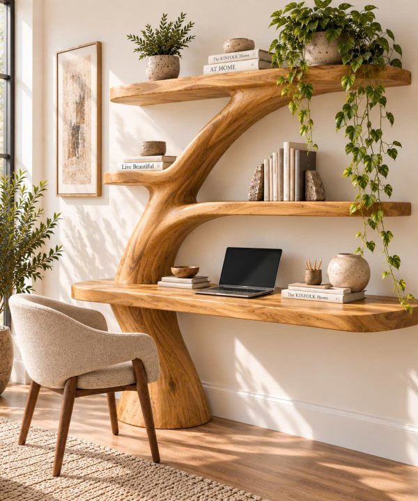 DS 03 Luxali Wooden Contemporary Wooden Wall Mounted Desk with Tree Form Bookshelf, Multi Shelves and Drawer for Home Office & Study Room