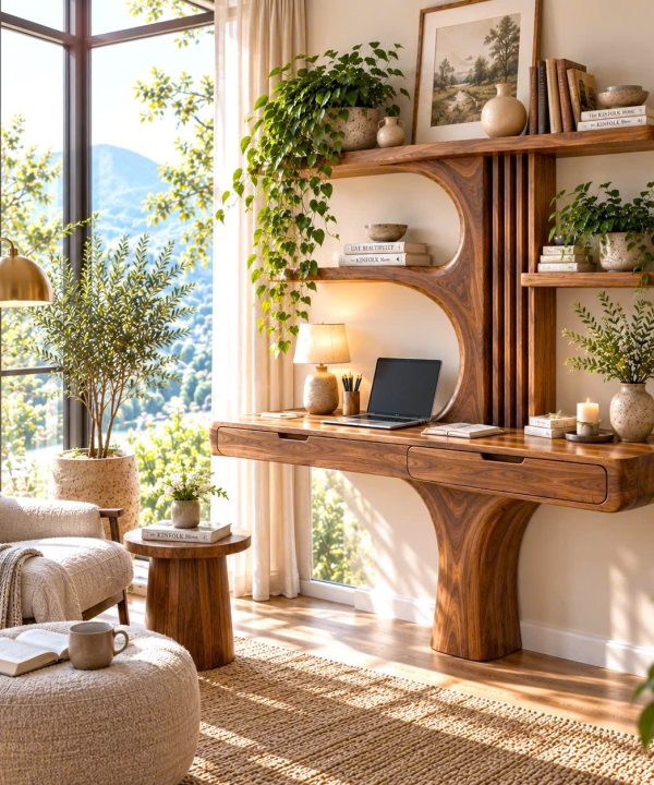 Alternative view of DS 05 Luxali Wooden Contemporary Wall Mounted Wooden Desk with Tree Form Bookcase, Shelves & Drawer for Home Office