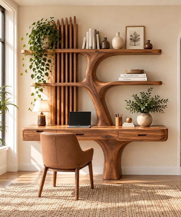 DS 04 Luxali Wooden Contemporary Wall Mounted Wooden Desk with Tree Form Bookcase, Shelves & Drawer for Home Office