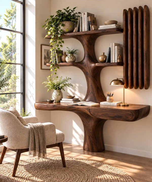 Alternative view of DS 06 Luxali Wooden Contemporary Wall Mounted Wooden Desk with Tree Form Bookcase, Shelves & Drawer for Home Office