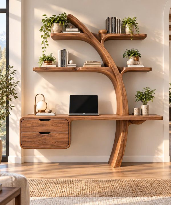DS 10 Luxali Wooden Contemporary Wall Mounted Wooden Desk with Tree Form Bookcase, Shelves & Drawer for Home Office