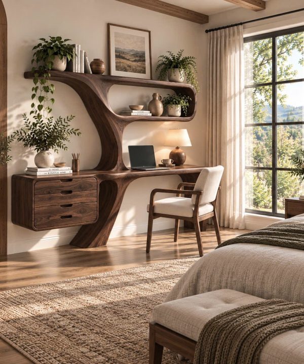 Alternative view of DS 14 Luxali Wooden Contemporary Wall Mounted Wooden Desk with Tree Form Bookcase, Shelves & Drawer for Home Office