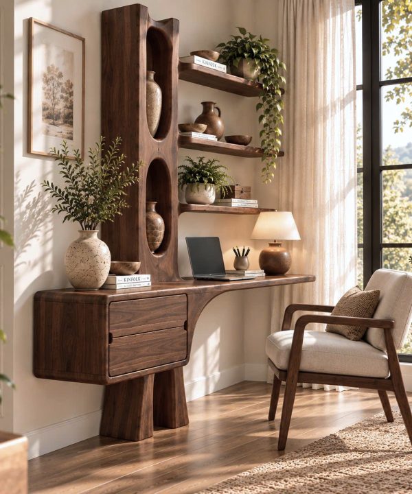 Alternative view of DS 17 Luxali Wooden Contemporary Wall Mounted Wooden Desk with Tree Form Bookcase, Shelves & Drawer for Home Office