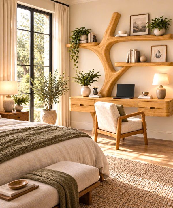 Alternative view of DS 20 Luxali Wooden Contemporary Wall Mounted Wooden Desk with Tree Form Bookcase, Shelves & Drawer for Home Office
