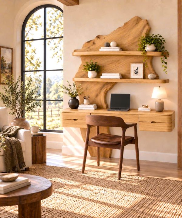 DS 19 Luxali Wooden Contemporary Wall Mounted Wooden Desk with Tree Form Bookcase, Shelves & Drawer for Home Office