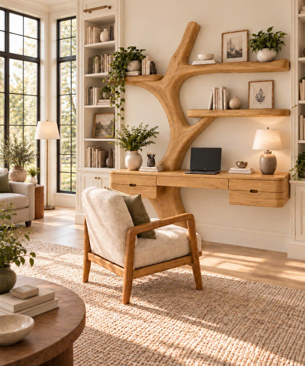 DS 20 Luxali Wooden Contemporary Wall Mounted Wooden Desk with Tree Form Bookcase, Shelves & Drawer for Home Office - Image 4