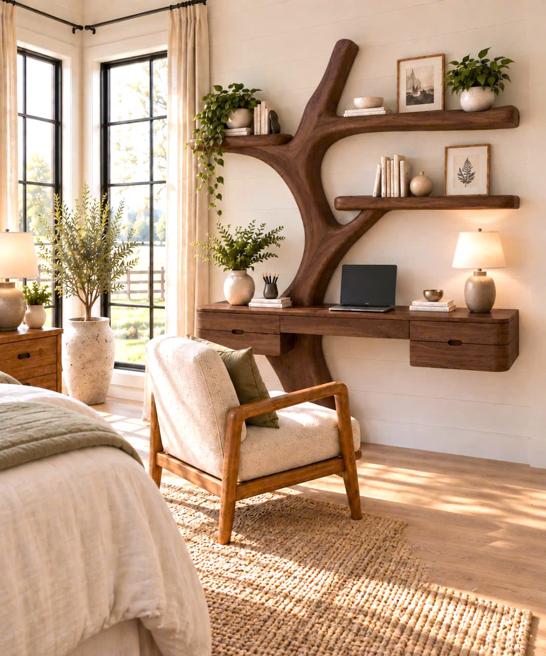 DS 20 Luxali Wooden Contemporary Wall Mounted Wooden Desk with Tree Form Bookcase, Shelves & Drawer for Home Office - Image 6