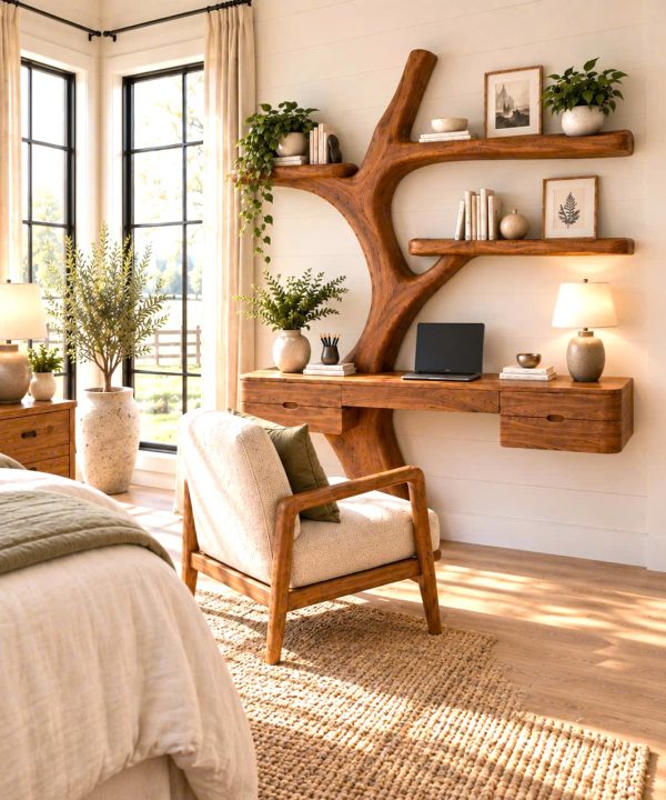 DS 20 Luxali Wooden Contemporary Wall Mounted Wooden Desk with Tree Form Bookcase, Shelves & Drawer for Home Office