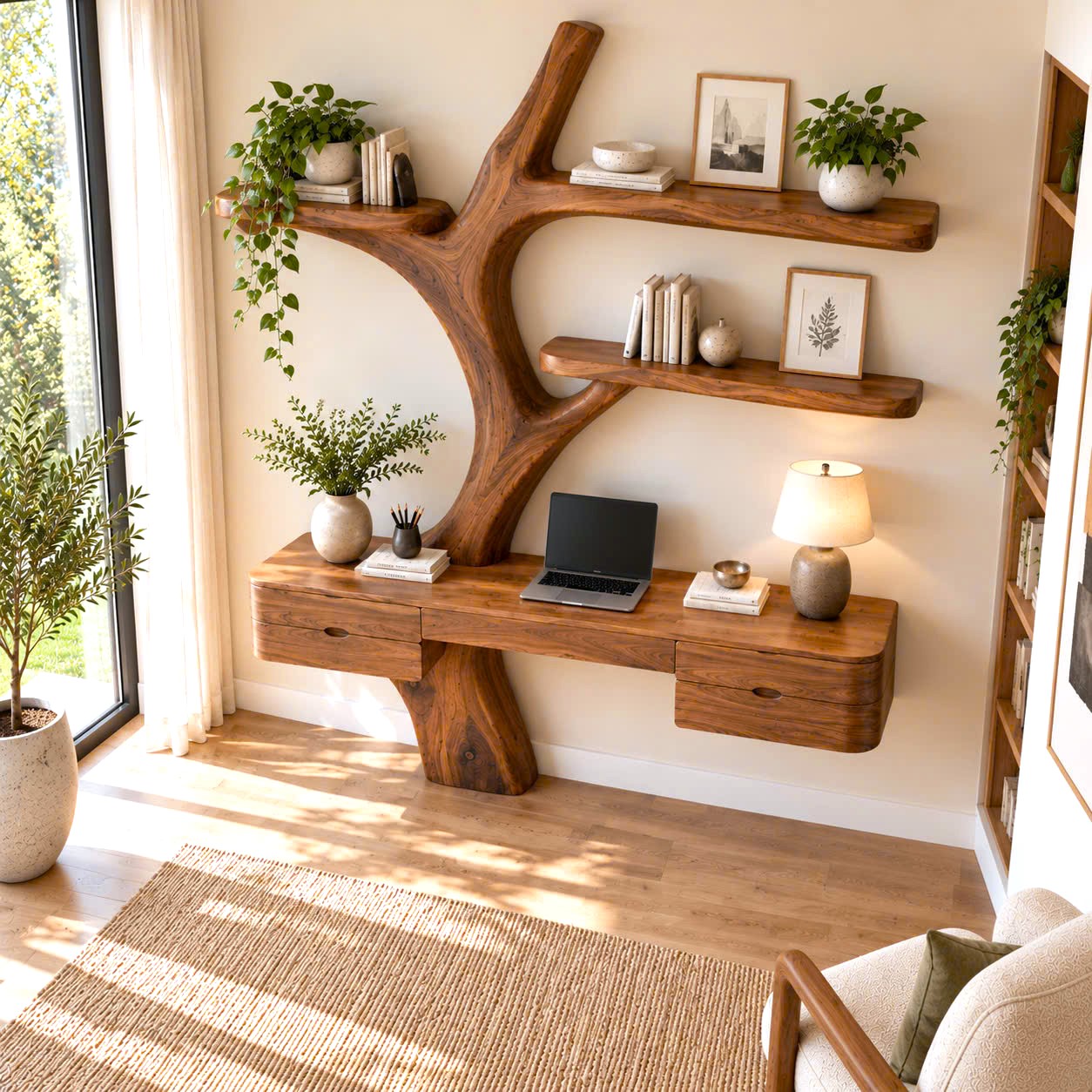 DS 20 Luxali Wooden Contemporary Wall Mounted Wooden Desk with Tree Form Bookcase, Shelves & Drawer for Home Office - Image 10