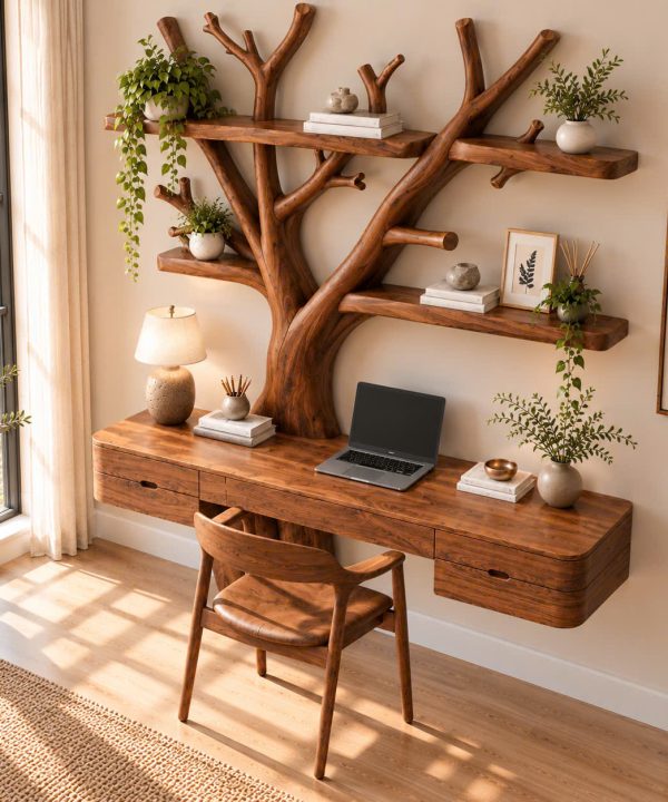 Alternative view of DS 21 Luxali Wooden Contemporary Wall Mounted Wooden Desk with Tree Form Bookcase, Shelves & Drawer for Home Office