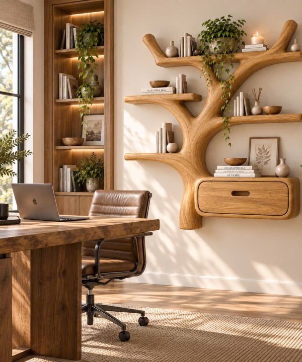 Alternative view of WS 01 Luxali wooden Contemporary Unique Handmade Wooden Wall Shelf with Multi Shelves and Drawers for Home Office, Study Room & Living Room