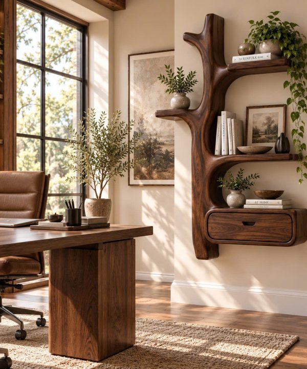 Alternative view of WS 02 Luxali wooden Contemporary Unique Handmade Wooden Wall Shelf with Multi Shelves and Drawers for Home Office, Study Room & Living Room