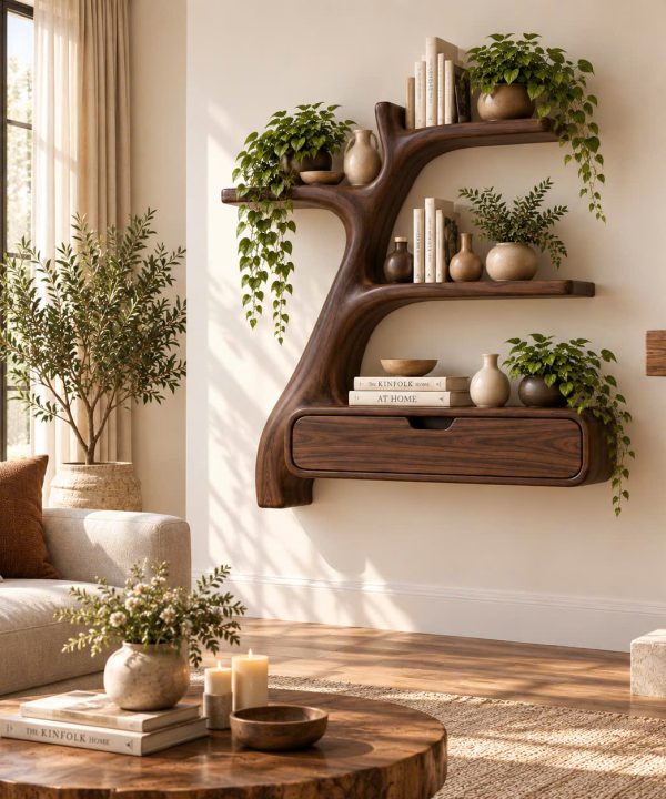 WS 03 Luxali wooden Contemporary Unique Handmade Wooden Wall Shelf with Multi Shelves and Drawers for Home Office, Study Room & Living Room