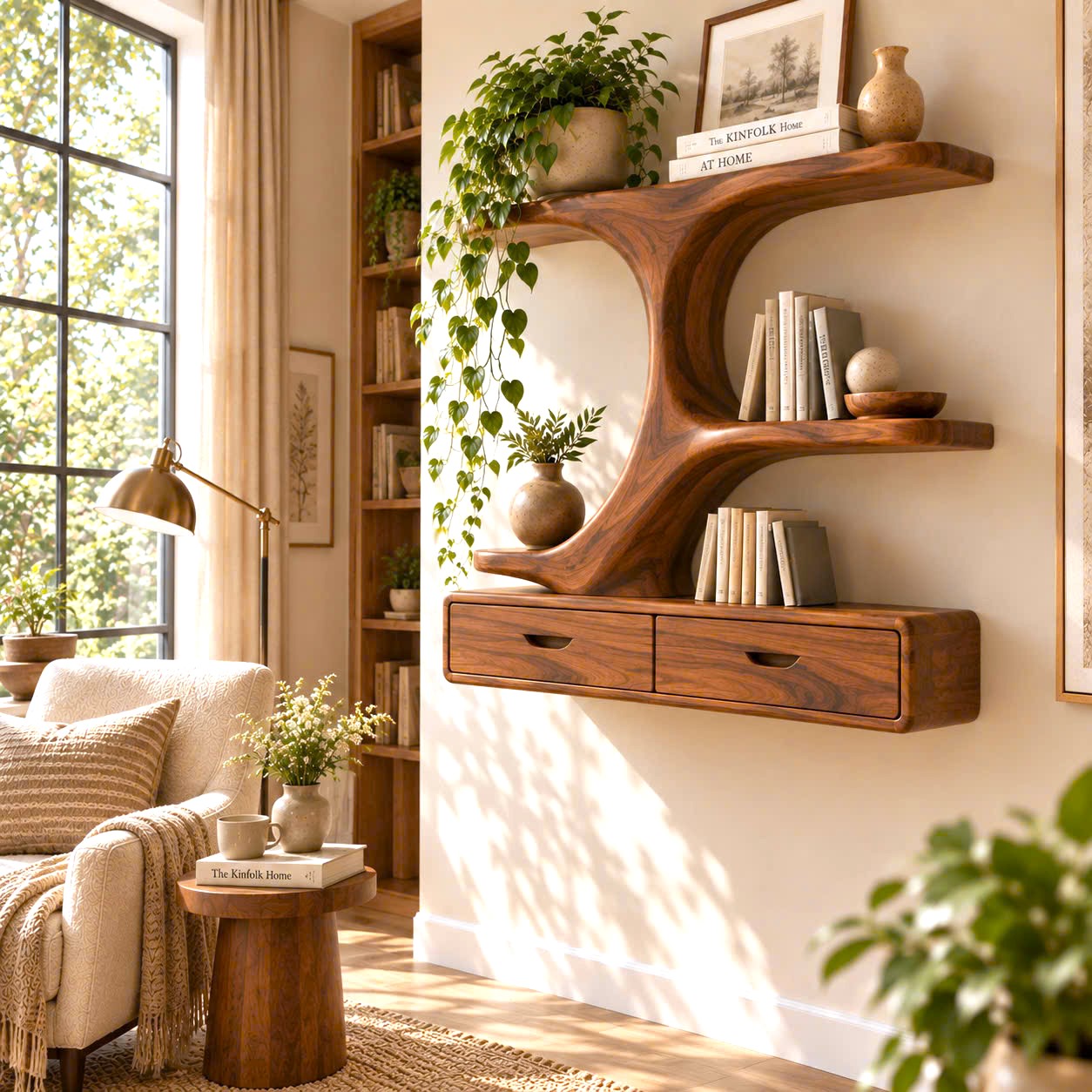 WS 04 Luxali wooden Contemporary Unique Handmade Wooden Wall Shelf with Multi Shelves and Drawers for Home Office, Study Room & Living Room - Image 5