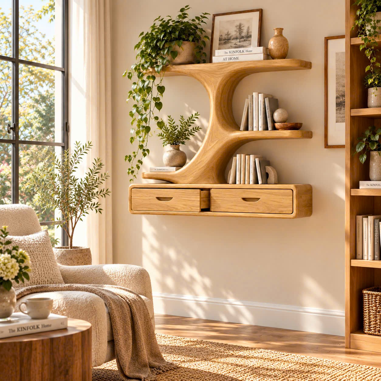 WS 04 Luxali wooden Contemporary Unique Handmade Wooden Wall Shelf with Multi Shelves and Drawers for Home Office, Study Room & Living Room - Image 6
