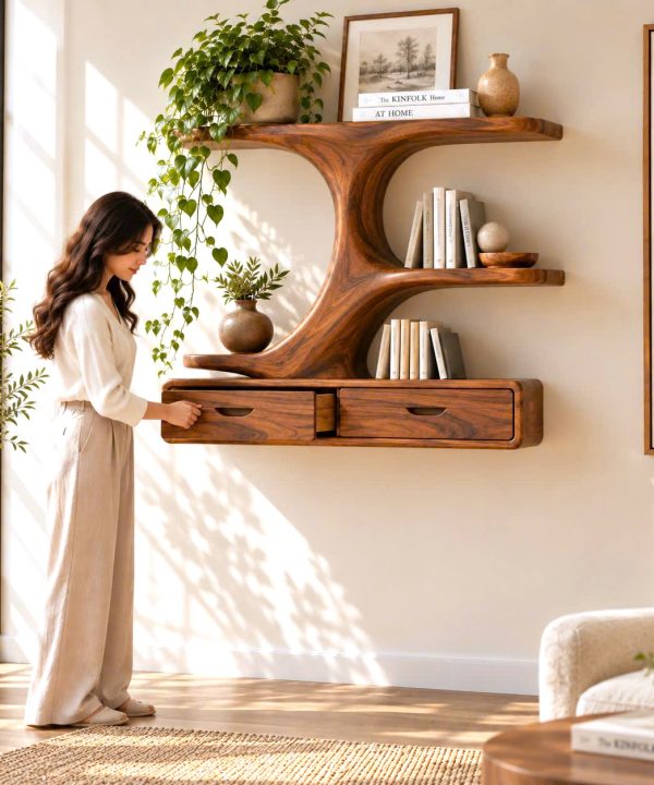 WS 04 Luxali wooden Contemporary Unique Handmade Wooden Wall Shelf with Multi Shelves and Drawers for Home Office, Study Room & Living Room