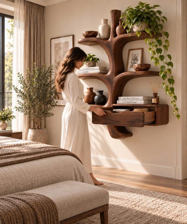 Alternative view of WS 05 Luxali wooden Contemporary Unique Handmade Wooden Wall Shelf with Multi Shelves and Drawers for Home Office, Study Room & Living Room