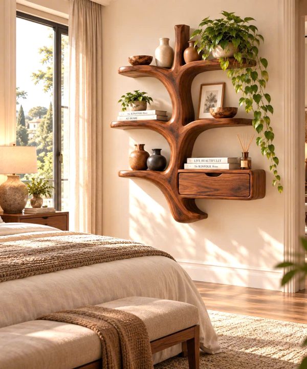 WS 05 Luxali wooden Contemporary Unique Handmade Wooden Wall Shelf with Multi Shelves and Drawers for Home Office, Study Room & Living Room