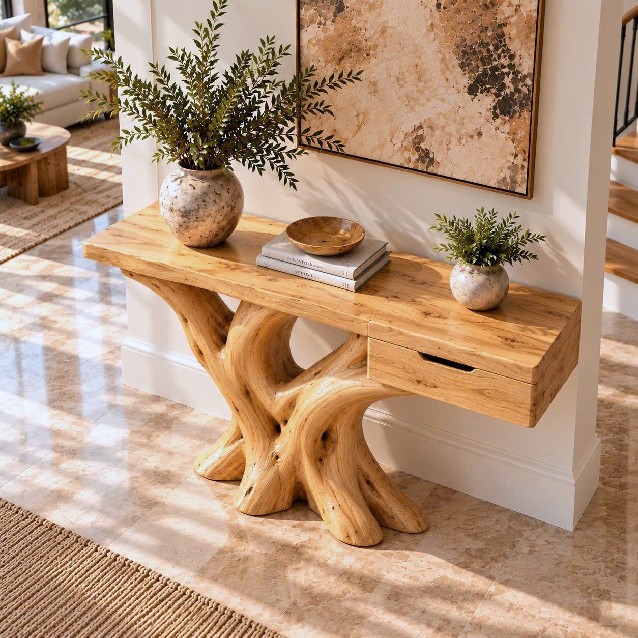 Alternative view of CSL 171 Luxali Handmade Wooden Console Table — a modern farmhouse masterpiece, meticulously handcrafted from solid natural Monkey Pod wood, showcasing refined artistry and designed to elevate any living room